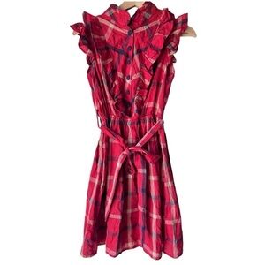 Women's lightweight ruffle strap mini midi dress red blue  plaid Vintage doll S.